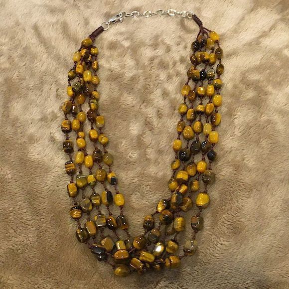 VINTAGE Faceted Tigers Eye Sterling Silver Four Strand Necklace - Picture 2 of 12